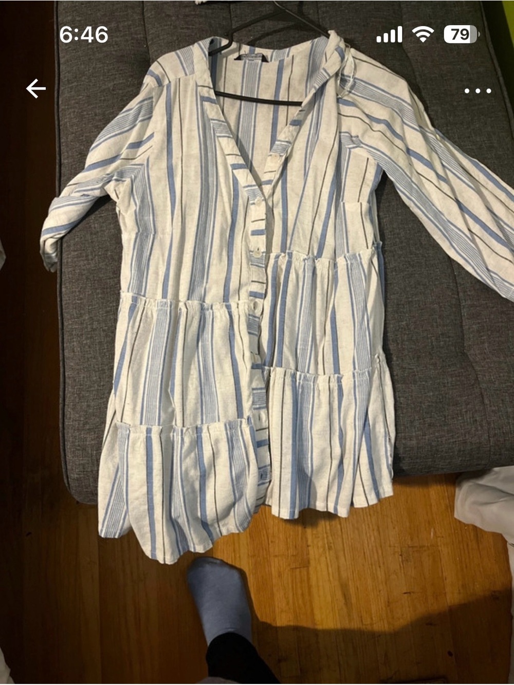 Girls' Blue and White Striped Tiered Button Dress
